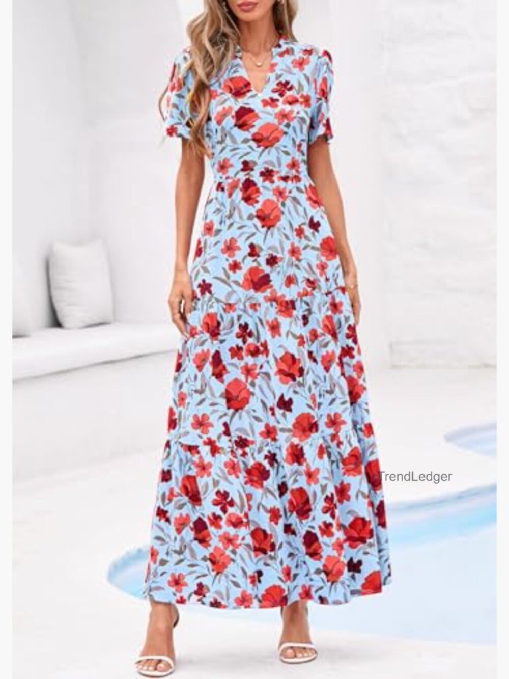 Floral Maxi Dress V Neck Short Sleeve A Line Flowy Boho Long Dress with Pockets - Picture 5 of 7